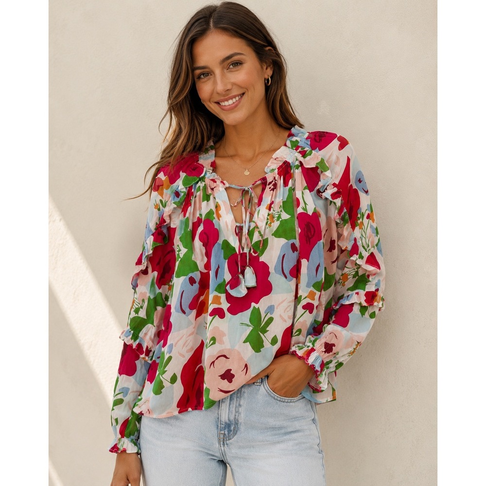 Olivia James Floral Ruffle Blouse S Romantic Boho Tie Neck Statement Sleeve